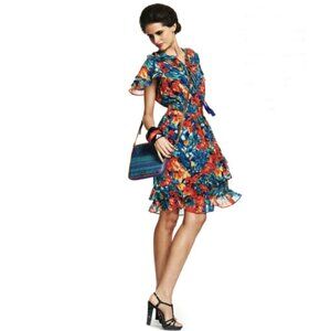 Duro Olowu Women's Floral Flutter Sleeve Smocked Ruffled Dress - L